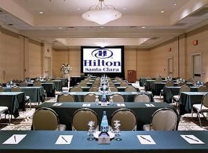 Sierra Ballroom, Hilton Santa Clara, Santa Clara — The Sierra Ballroom breaks into three sections via sliding airwalls. The total ballroom is 2835 square feet with an additional 2,187 pre-function area. The total ballroom measures 81' x 35' with 14' ceilings. Room capacities include 180 persons classroom, 250 theater, 180 banquet, 360 for a reception.