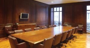 Conference Room, Broad Street Ballroom, New York — Looking for an off-site space to host your next board meeting? Want to impress a major client? How about a rehearsal dinner? Maybe you just need to host a meeting in a sophisticated setting and don't have the room in-house. Whatever the reason, you don't have to look any farther. Our conference room, once home to the corporate offices of Bank of America International, is the perfect space to set up shop for your important day. The conference room is lined with 543 square-feet of original wood paneling, and complete with internet access, phone, a wall-mounted monitor for displaying anything from pictures to presentations, and aesthetics such as a fireplace and large windows.