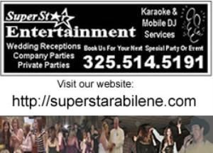 Entertainment To Make Your Event Memorable! 
SUPERSTAR ENTERTAINMENT is the Abilene Area's leader in providing professional mobile Disc Jockey services for events such as weddings, wedding receptions, school functions, company parties, and private parties. 
 
Based in Abilene, TX. Superstar Entertainment is your disc jockey services for wedding, reception, party and events providing professional disk jockey entertainment and has been entertaining crowds across West Texas(and beyond) since 1999. Ken is a skilled DJ with an amazing knowledge of music (past and present) and a true knack for getting any dance floor moving. He incorporates just the right amount of crowd interaction to keep the energy level high without becoming "cheesy" or "annoying" like some other DJ's. Armed with a music catalogue that contains thousands of songs (and growing) in lots of different genres, he's got your musical tastes covered.