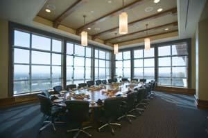 Presidential Board/Dining Room, The Conference Center  at Montclair State University, Montclair — Presidential Board Room with a view of New York City and built-in AV equipment.