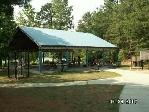 Oak Pavilion, Tribble Mill Park, Grayson — Oak Pavilion at Tribble Mill Park.  Has 15 picnic tables and a grill.  Restrooms facilities are near this pavilion.