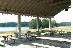 Maple Pavilion, Tribble Mill Park, Grayson — Maple Pavilion at Tribble Mill Park has 8 picnic tables.  Located in the woods on the loop road in the park.