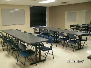 Small Classroom, Bogan Park, Buford — Small classroom at Bogan Park Community Center.  Mirror on one wall.  Tables and metal chairs are included in this room rental.