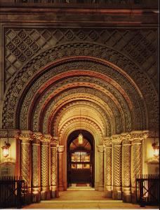 "When you entered the Temple, you came through the Grand Entrance Gate, from North Broad Street. If you don't know much about architecture, you can't help but learn when you visit the Masonic Temple. 

"The architectural style of the Grand Entrance Gate is Norman. The doors are each seventeen feet high, seven feet wide and six inches thick. Along the inner steps of the Temple are two large bronze sphinxes. I don't know if they have names, but they are very impressive..."
