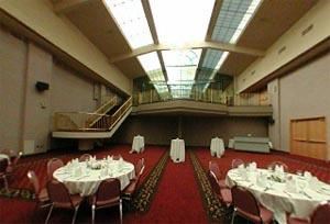 MLK Crystal Ballroom, Decatur Conference Center and Hotel, Decatur — One of Illinois' most beautifully decorated and elegantly appointed rooms. Two levels with 45' vaulted ceiling, winding brass balcony, and chandelier lighting.