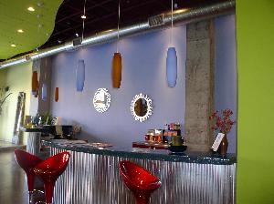 Lounge area/reception, The Loft Dance & Fitness, Yonkers — Lounge Area, where food and drinks can be served.  Up to 40 people can fit in the front area with floor to cieling windows looking onto Main Street.