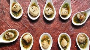 Catering Unlimited, Enfield — Seared Digby Scallops drizzled with roasted Garlic Saffron Sauce on Glass Spoons