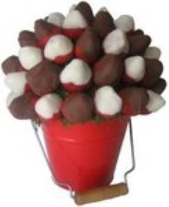 Fruity Bite Bouquet, Polson — Our most popular wedding bouquet!  Dark and White chocolate cover these delicious strawberries!  Container Color/and or Theme can be coordinated to match your wedding if desired!  You guests are sure to love this fresh idea!