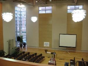 Emerson Community Hall, First Unitarian Universalist Society of Albany, Albany — Completed in September 2007, is located east of the Religious Education/Administration wing. This space can seat about 300 people in flexible seating for concerts, dancing, lectures or wedding receptions. It has a sound system and easy access to the pantry, kitchen, and lobby.