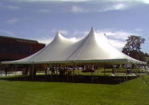 Camelot Special Events & Tents, Inc., Wakefield — The 60x60 high peak tent shown is often called Vicorian style.  It can be reconfigured for sizes 60x40 through 60x260.  The vaulted ceilings are perfect for upscale events - they sweep up from eight feet at the edges of the tent to twenty-five feet at the center.  Add solid sidewalls for privacy or cathedral walls for a more elegant look.  Flooring, lighting, heat, sound, and more can be used to create the perfect venue for any event.