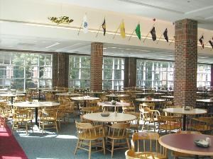 Dining Room A, Stonehill College Conference & Event Services, North Easton — Overlooking a beautiful courtyard with a picturesque fountain, the spacious and accommodating “Dining Room A” is equipped with a stage, video projector, sound system, and screen.