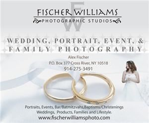 Fischer Williams Photographic Studios, Cross River — Based in Cross River, NY and Amherst, MA we serve Westchester, Putnam, Duchess, Rockland Counties in New York, as well as Western, Massachusetts and Fairfield County, Connecticut, including Darien, Wilton, Ridgefield, Westport, Stamford and Greenwich.

Fischer Williams Photographic Studios specializes in capturing celebratory moments of a Weddings, Events, Families and Portraitures. Our style is both traditional-formal and photo-journalistic. Often providing two photographers, we work with wedding planners and event venue coordinators to allow the bride and groom's photographic priorities to be captured in a discreet manner. We want to hear from you and discuss your photographic needs for this wonderful day. I photograph only with high end digital cameras at this point, but I am able to provide proofs burned to a cd/dvd at the end of the event if requested. Sincerely, Alex Fischer