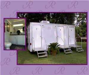 Royal Restrooms of California, Los Angeles — Royal Restrooms of California specializes in upscale restroom trailers.  All of our trailers, are climate controlled, have flushing porcelain toilets and urinals , sinks with vanities, silk arrangment, rugs, pictures, spacious and clean private stalls.  We take care of everything down to the mints on the counter tops!