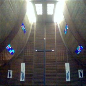 Ascension Lutheran Church, Columbus — Beautiful Stained glass accents this traditional worship center. Grand arched ceilings with skylights and stained glass. Padded wooden pews. Custom built German handcrafted pipe organ.
