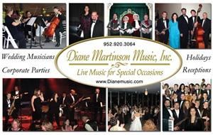 Diane Martinson Live Music, Inc., Minneapolis — Musicians and Bands for Parties, Weddings & Events: vocalist, classical musicians, jazz duo, trio, quartet, swing quintet, variety band, Carolers and holiday jazz musicians