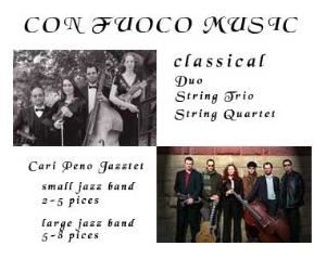 Con Fuoco Music - Boston, Boston — Con Fuoco Music - trio, duo and jazz band available for hire for concerts, weddings, parties or any other events. Live classical music, as well as original jazz and latin music arrangements. Over one hundred mp3 samples available on our website.
Con Fuoco Duo - violin and guitar
is the smallest "full band" possible. Features a huge selection of musical pieces, from baroque and classical for the wedding ceremony, to jazz, broadway, latin and pop music for the cocktail hour or reception.
Con Fuoco String Quartet/Trio
A Boston string quartet - one or two violins, viola, string bass, available for hire for concerts, weddings, parties or any other event. Classical music, as well as original jazz and latin music arrangements.
Cari Peno Jazztet
A Boston jazz band available for hire for concerts, weddings and other events. Live music. Styles include jazz, latin, salsa.
