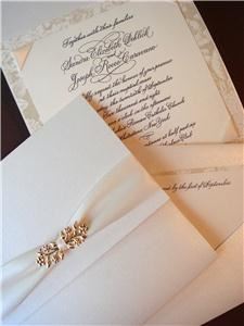 Deborah Nadel Design, Merrick — Calligraphy wedding invitation with gold embellishment and pocket for enclosures