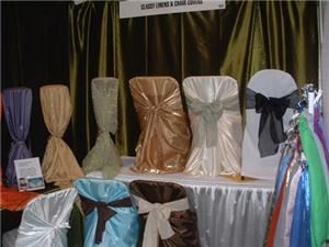 Classy Linens & Chair Covers, Houston — We rent out table cloths, sashes, chair covers from $1.00-$2.00. We also have a designer line of chair covers.
We have your basic solid polyester all the way to Specialty fabrics. Pintuck, Crush Satin, Bridal Satin, Lamour Satin.
Please go to our 20 page website to view over 1000 items with prices. classylinens.net