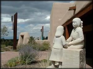 Courtyard/Sculpture Garden, Museum Of Indian Arts & Culture, Santa Fe — Doug Hyde's limestone sculpture Shared Knowledge greets visitors to the Museum of Indian Arts & Culture.