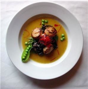 Feast Catering Co., Spokane — Seared Jumbo Sea Scallops, farmers market spring peas and fragrant saffron broth.