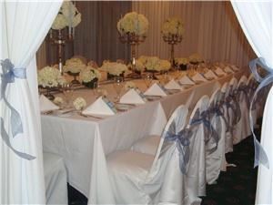 RSVParties, Inc, Naples — This beautiful bridal shower was enclosed in a white tent for an intimate feel. An accent color of blue which were the colors of the bridesmaaid dresses were incorporated into the theme.
