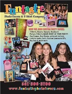 Funtastic Photo Favors/T-Shirt Company, Boca Raton — Custom Shirts Made
at Your Party
Fun-Tastic Photo Favors is pleased to introduce Fun-Tastic T-Shirt Company—featuring our exclusive line of Monogrammed, Crystal Appliqué and Custom T-Shirts. ALL SHIRTS MADE AT YOUR PARTY!

Our fashion T-shirts are the hottest favor to hit the party scene in years! You’ve seen shirts just like ours in major department stores, trendy shops and in magazines such as InStyle, Glamour, Teen Vogue and Seventeen.

How It Works
Guests choose from hundreds of appliqués in Swarovski crystal, Asian crystal, rhinestud, nail head, 3-dimensional, iron-on and custom embroidery. Other graphic designs feature military, extreme sports and patriotic themes. Our shirts are 100% combed cotton (very soft!)

Ask us about our custom designs. You provide a concept, we’ll customize and design the T-shirts to be ready for your party.