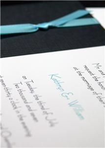 k notes, LLC creative stationery & photography, Cincinnati — Ribbon tied around a rich, textured black card stock finishes this wedding invitation to match the bridesmaids' dresses.