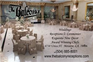The Balcony - Baton Rouge, Baton Rouge — Marble Floor, Crystal Chandeliers, Floral Centerpieces and Table Arrangements, Silver Flatware, Monogrammed China, Elegant Decor, Impeccable Service, Sound System and Disc Jockey, Covered Drive, Ample Parking, Security Guard, Bridal Suite and Mezzanine for Photographs, Decorated Wedding Cake Table, Wedding Cake, Traveling Box for Bride and Groom, Damask Table Linens & Chaircovers, Hot Hors D’Oeuvres, Cocktail Muffalettas, Tea Sandwiches, Seasonal Fruit,Cheese and Vegetables Carving Station, Crepe Station, Pasta Staion, Soup Station, Potato Martini Bar 40" tall Chocolate Fountain.