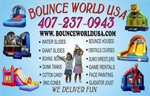 Bounce World USA, Orlando — Bounce World USA has a variety of Inflatable Bounce Houses and Party Rentals for any event. We pride ourselves with great service and ontime delivery. Please call us with any questions at 407-237-0943 for all your party planning needs. We have professional delivery personal that will assist you in the setup and takedown of our rentals. Our equipment is clean and safe for all ages. We serve the greater Orlando Florida area.