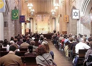 First Unitarian Church of Chicago, Chicago — Main Sanctuary -- grey stone, English gothic, with vaulted arches. Comfortable seating with padded chairs that can be rearranged.