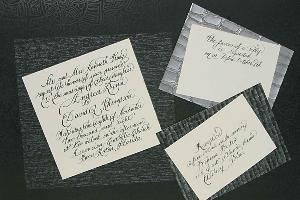 About Invitations, Boca Raton — Hand calligraphy, many styles available, all color inks. Envelopes, seating cards, hand design invitations, menues, etc.