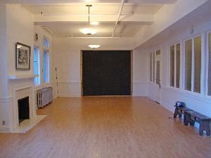 Dance Studio, Northwest Neighborhood Cultural Center, Portland — The Anna G. Bennett Dance Studio now has mirrors and bars on the wall across from the fireplace. Phase 1 of soundproofing has been installed on each end of the room.