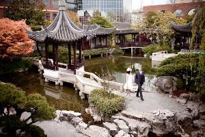 Lan Su Chinese Garden, Portland — Lake Zither and surrounding pavilions