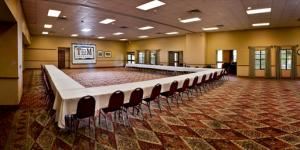 Texas Room A, T Bar M Resort Hotel & Conference Center, New Braunfels — his elegant executive room includes an acoustic partitioning wall that may be used to divide the space into two equal-sized rooms. Attractively decorated in Hill Country style, Texas Sage is our largest indoor meeting space, complete with a foyer that’s the perfect spot for a gift table, bar, or registration table.

*The lesser number represents the seating available for half the room.

Seating Arrangements

Banquet - 219/92 people
Reception - 200/88 people
Classroom - 156/60 people
Auditorium - 280/100 people
Theater - 300/120 people