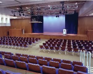 Robertson Audutorium Left/Right, Mission Bay Conference Center @ UCSF, San Francisco — Robertson Auditorium set Theater Style without Jezzetts seating.