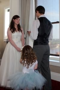 Cathy Bolkcom, Wedding Officiant, Davenport — A gorgeous evening wedding for Michael and Hailey at the Hotel Blackhawk on the 11th Floor overlooking the Mississippi River in Davenport.