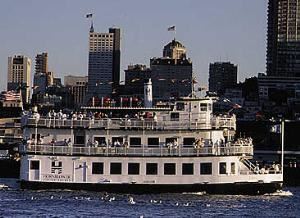 Empress Hornblower, Hornblower Cruises & Events, San Francisco — With an interior reminiscent of a turn-of-the-century paddlewheel riverboat the Empress Hornblower delivers a classic elegance. She provides the amenities of a luxurious banquet room with chandeliers, mahogany bars and dance floors. Like all royalty, this lady can handle black tie events but she is versatile enough to handle something a little more off beat like a Mariachi band and limbo contest on her expansive sundeck. The main deck seats 80 to 100 guests for dinner while the upper deck accommodates 60 to 70 guests.