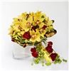 Artistry in Bloom Floral Design Studio, Victoria — Bouquet of cymbidium orchids,roses, and curled croton leaves with bouquet jewel accents.