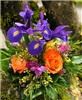 Snapdragon Studio, Vancouver — Simple centerpiece featuring roses, iris, stock, and wax flower.