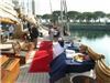 Yacht "America", San Diego — Any manner of catering can be served while under way sailing on the bay. Here is an example of chaffing dishes which have small flames under them. This would not be possible IF this yacht had too much rocking or rolling movement. Rest assured it has none.