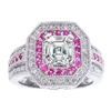 MDC Diamonds NYC, New York — ES125
This 14 karat white gold asscher diamond engagement ring setting features 46 Round diamonds 0.45 tcw. and 30 round pink sapphires 0.25 tcw. set in a Vintage Pave Style engagement ring setting. Two rows step up to the center diamond, and three rows on the band. You can set in the center in this unique style a one carat. Asscher (shown in picture) or Radiant diamond of your choice. Available in platinum and yellow gold.