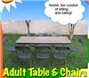 Awesome Bounce!, Los Angeles — 6' long x 2.5' wide table with 8 chairs for adults. Chairs are available in brown or white. Please specify color preference in the delivery notes section when placing your order. NOTE: Price will be reduced if combined with other products and/or services.

SIZE: 6'L x 2.5'W (requires 10'L x 7'W)

CAPACITY: 8 adults