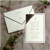 Calla Graphics, Lodi — Knotted ivory sheer ribbon with brown satin ribbon accent is highlighted by a d-brown corner cut and layered on our exclusive champagne moonbeam, shown with an ivory linen “V” flap envelope and extended d-brown extended lining and coordinating printed embellishment.