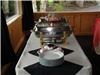 LinenTablecloth - Detroit, Detroit — Buffet Table with black napkins,and 70" x 120" white rectangle.