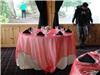 LinenTablecloth - Milwaukee, Milwaukee — Red Organza Overlay with 120" white round and black napkins.